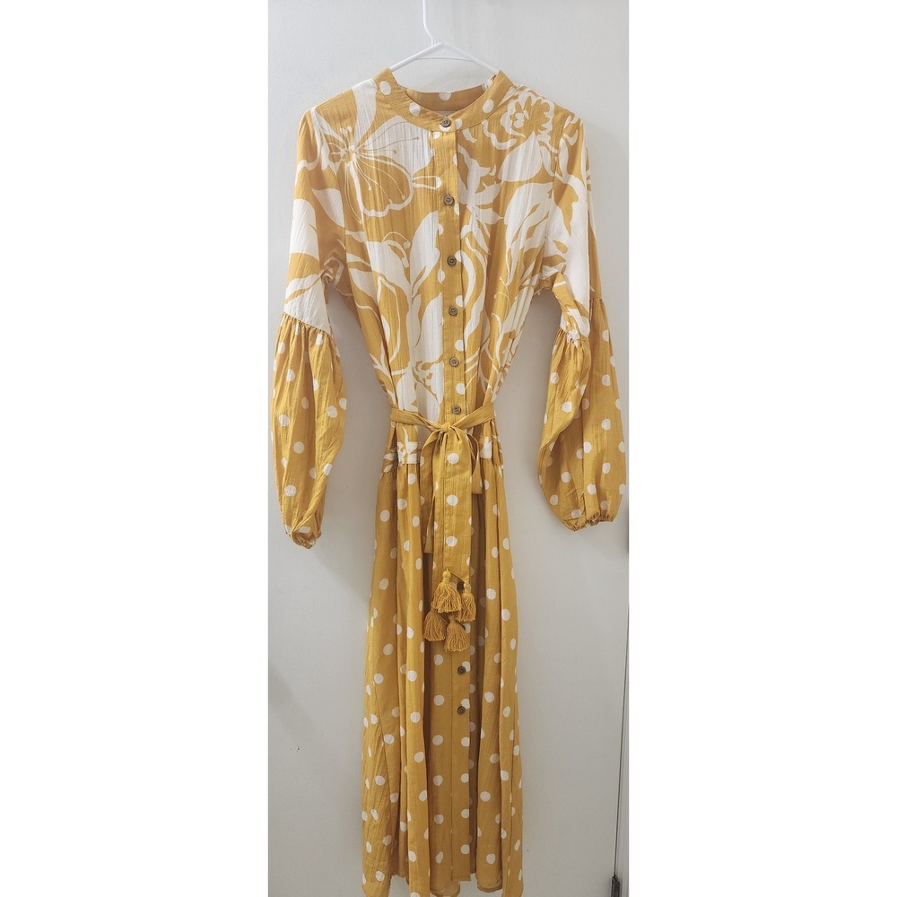 ON 34TH Alix Friedberg Mustard Yellow Floral Polka Dot Maxi Dress Womens Medium